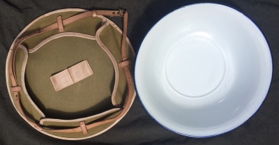 British Officer"s Metal Wash Basin with Canvas and Leather Cover